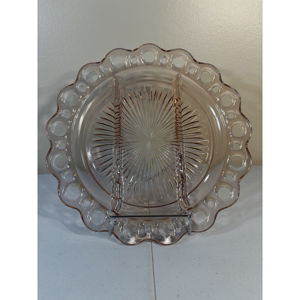 VTG Anchor Hocking LACE EDGE PINK Depression Glass RELISH Appetizer Tray PLATE